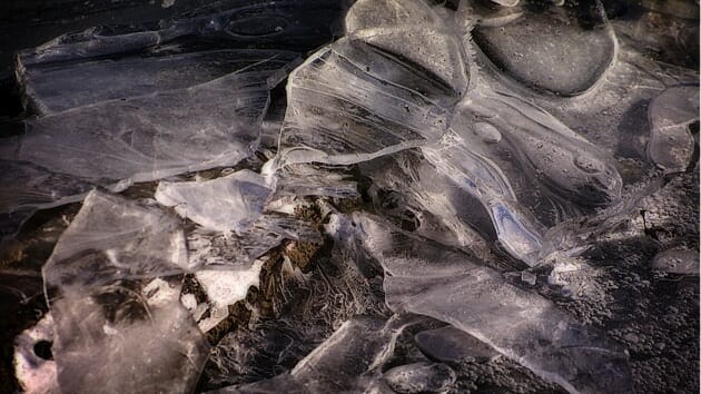 Ice formation on the frozen Cedar River in Iowa