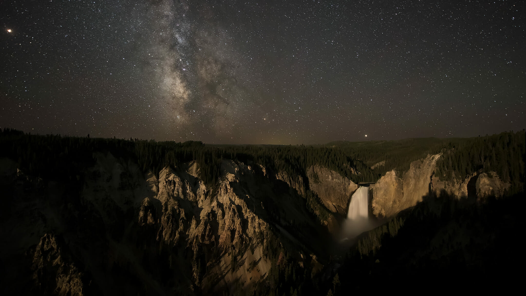 Milky Way over Lower Falls in Yellowstone National Park