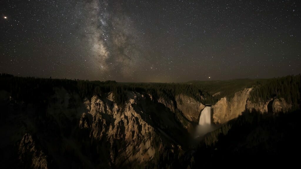 Milky Way and Moonlight over the grand canyon of the Yellowstone